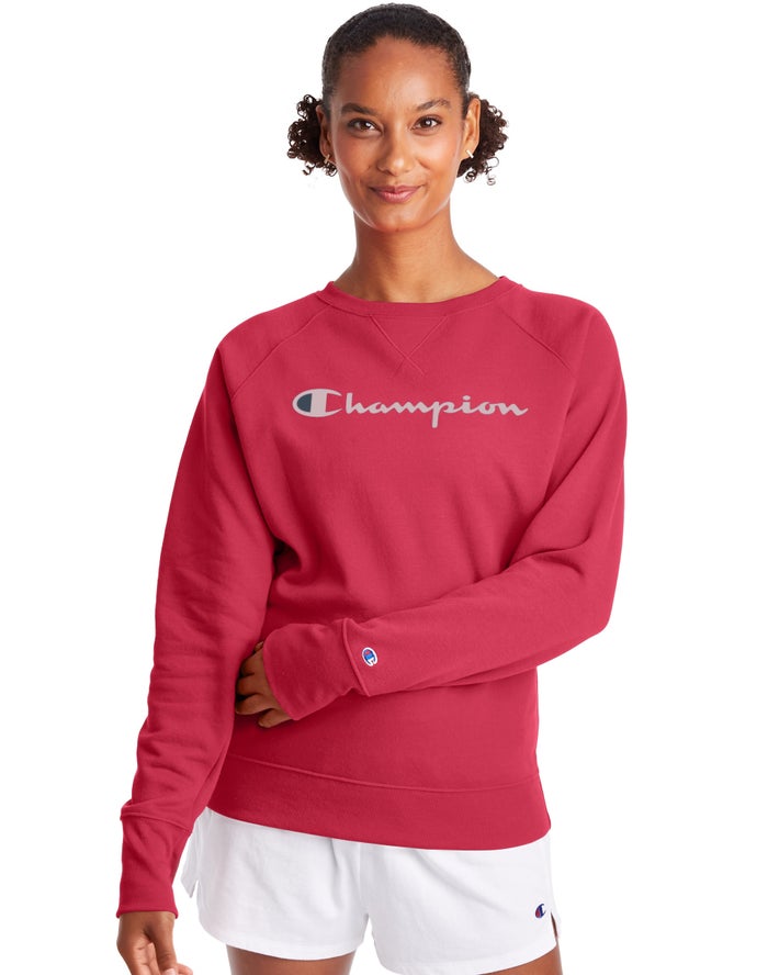 Champion Womens Sweatshirt NZ - Powerblend Fleece Classic Crew Script Logo Red ( 6810-EIYCQ )